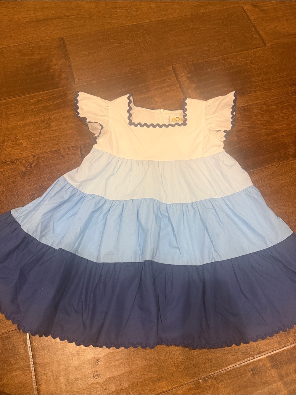 Girls Tiered Cotton Dress in White and Light & Navy Blue
